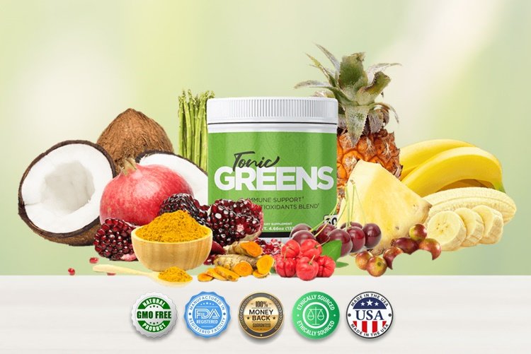 Tonic Greens with fresh fruits, vegetables and quality badges